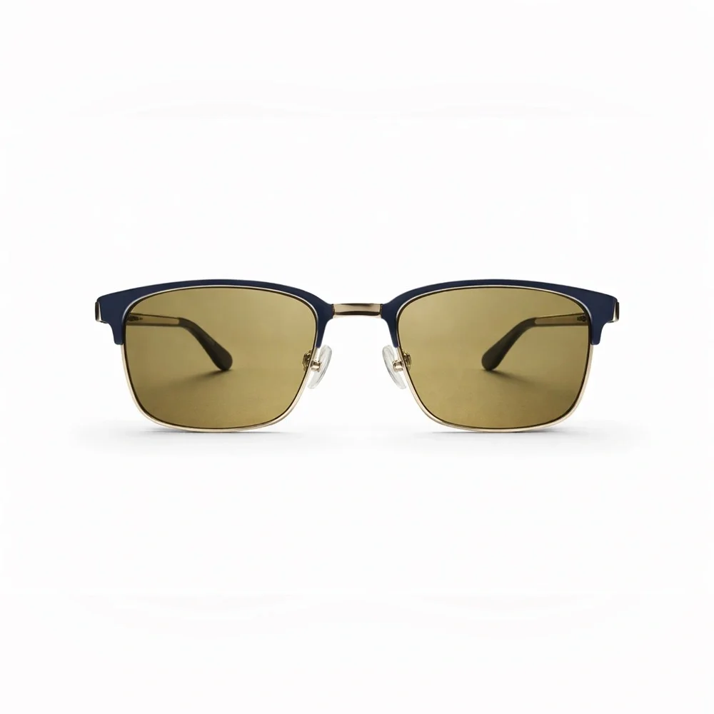 Bulova Endicott Sunglasses Navy Gold Amber Lens Browline w Case Rx lenses